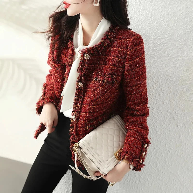 2023 Autumn New French High end Temperament Red Fragrant Coat Women's Short Thick Tweed OutwearFashion Women Slim Thicken Jacket