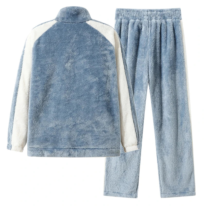 Men's Pajamas made of coral fleece, Plus Size 8XL, spliced, square collar, long sleeves, long pants, warm Sleepwear Set