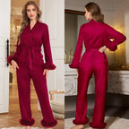Female Pajamas 2PCS Set Sexy Perspective Lace Long Sleeve Trouser Pijamas Suit Sleepwear Loose Silk Satin Homewear Loungewear