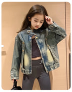 Cowgirl Streetwear Blue Denim Jacket Girl Harajuku Washed Distressed Jacket For Kids Child Gothic Punk Ripped Jeans Coat 5-14 T