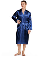 Men Long Bathrobe Sleepwear Navy Blue Silk Satin Bridegroom Wedding Robe Kimono Gown Spring Summer Home Clothes Loungewear