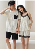 Summer Pyjamas Men Knited Cotton Pajamas Set Korean Sweet Pijamas Ladies Sexy Sleepwear Home Clothing For Youth Boy Girl