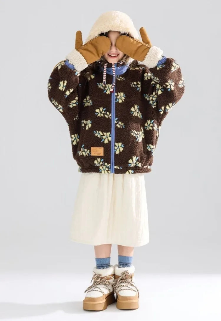 Girl's Winter Coat Floral Jacquard Lamb Fur Thickened Stylish Autumn Winter Toddler Kids Cotton Jacket