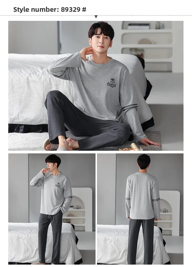 Fashion Lounge Pajamas Sets Men's Spring New Long-sleeved Tops with Trousers Cotton Homewear Comfort Simple Sleepwear Two Pieces