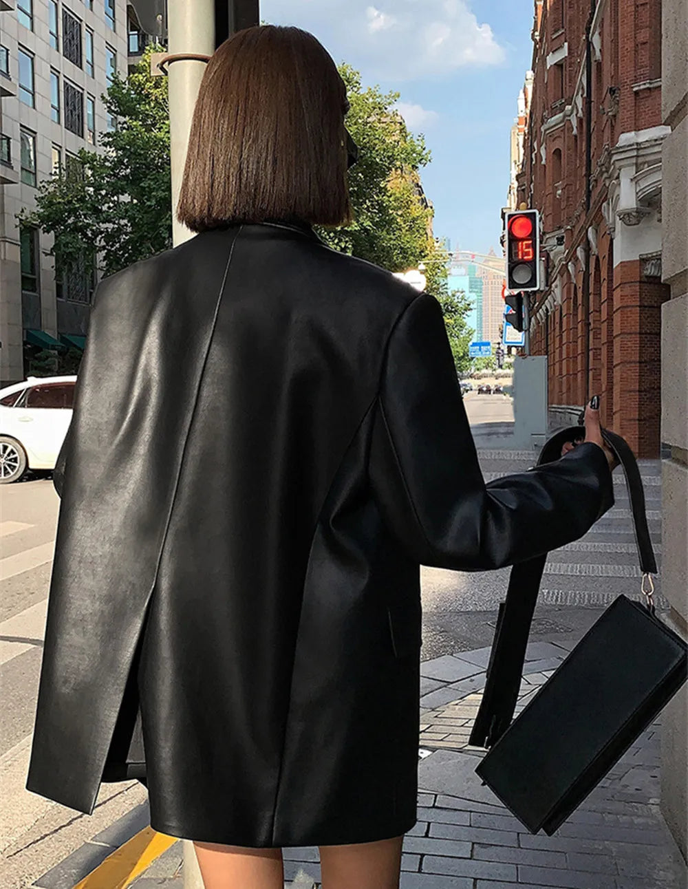 Vintage Black High Quality Leather Loose Blazer Biker Coat Women Casual Long Sleeve Flap Pocket Suit Jacket Oversized Streetwear