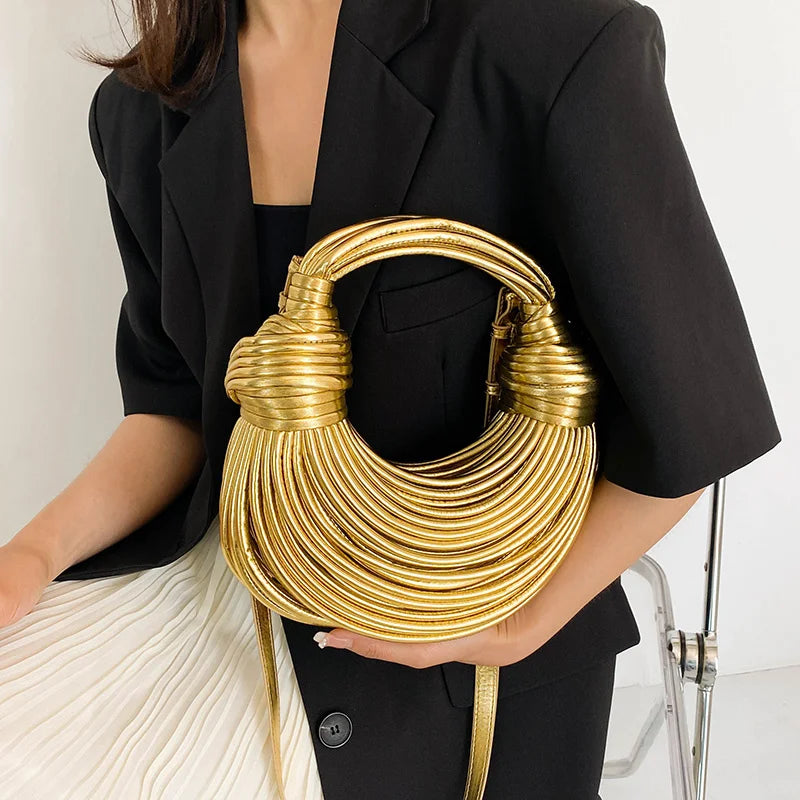 Women 2025 New Gold Luxury Designer Brand Handwoven Noodle Bags Rope Knotted Pulled Hobo Silver Evening Clutch Chic