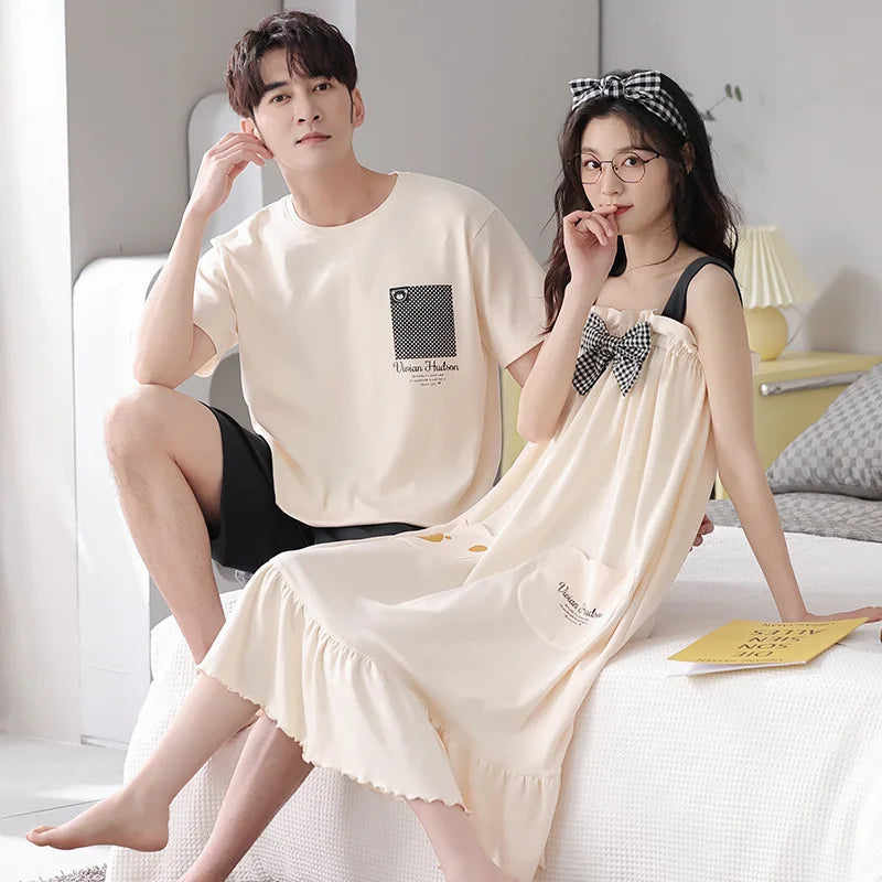 Summer Pyjamas Men Knited Cotton Pajamas Set Korean Sweet Pijamas Ladies Sexy Sleepwear Home Clothing For Youth Boy Girl