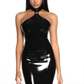 Women Sexy Halter Neck Dress Wet Look Patent Leather Long Dress Party Sleeveless Stretchy Maxi Dress Custom Strapless Costume