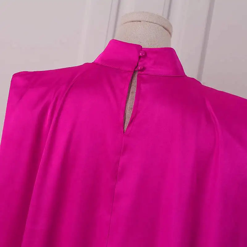 Elegant Evening Dress VONDA Women Pleated Stand Collar Long Sleeve Satin Party Sundress Autumn Casual Solid Loose Robe Vestidos