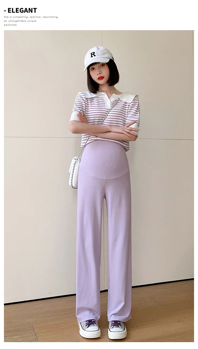 Maternity Clothings Maternity Wide Leg Pregnancy Pants Wear Trousers with Vertical Stripes Clothes for Pregnant Women