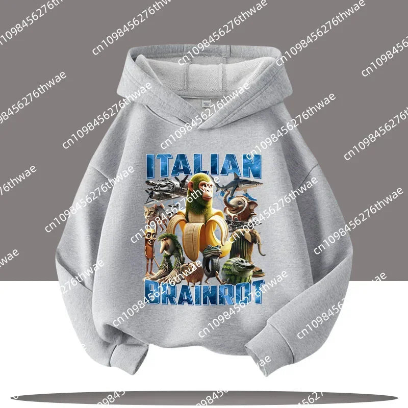 Boy's sports shirt -interesting Italian brain rot Tung Tungtung Sahur children's hooded shirt                h cartoon print-fall/winter top