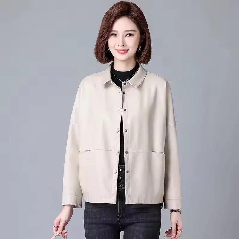 New Women Casual Loose Leather Jacket Spring Autumn Fashion Turn-down Collar Single Breasted Short Leather Motorbike Jacket