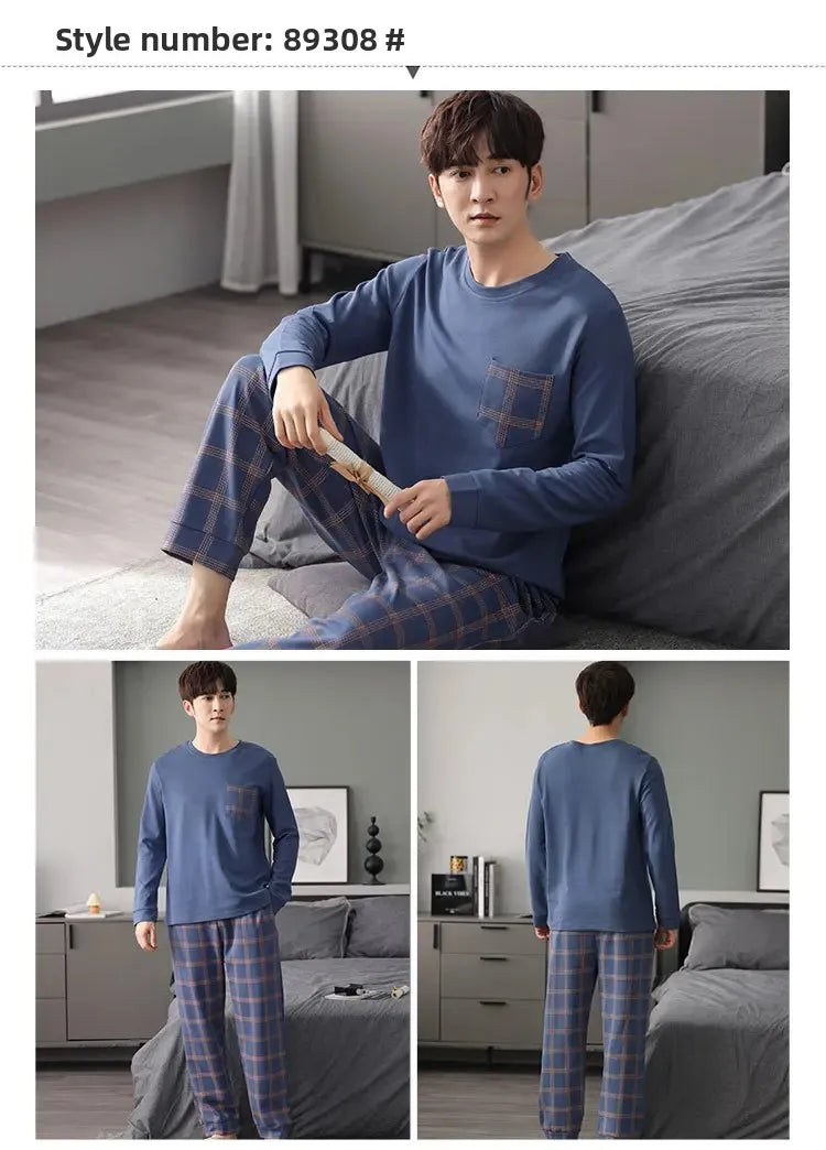 Fashion Lounge Pajamas Sets Men's Spring New Long-sleeved Tops with Trousers Cotton Homewear Comfort Simple Sleepwear Two Pieces