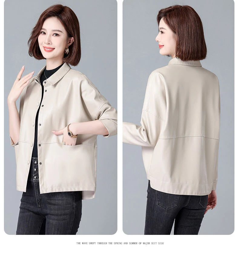 New Women Casual Loose Leather Jacket Spring Autumn Fashion Turn-down Collar Single Breasted Short Leather Motorbike Jacket