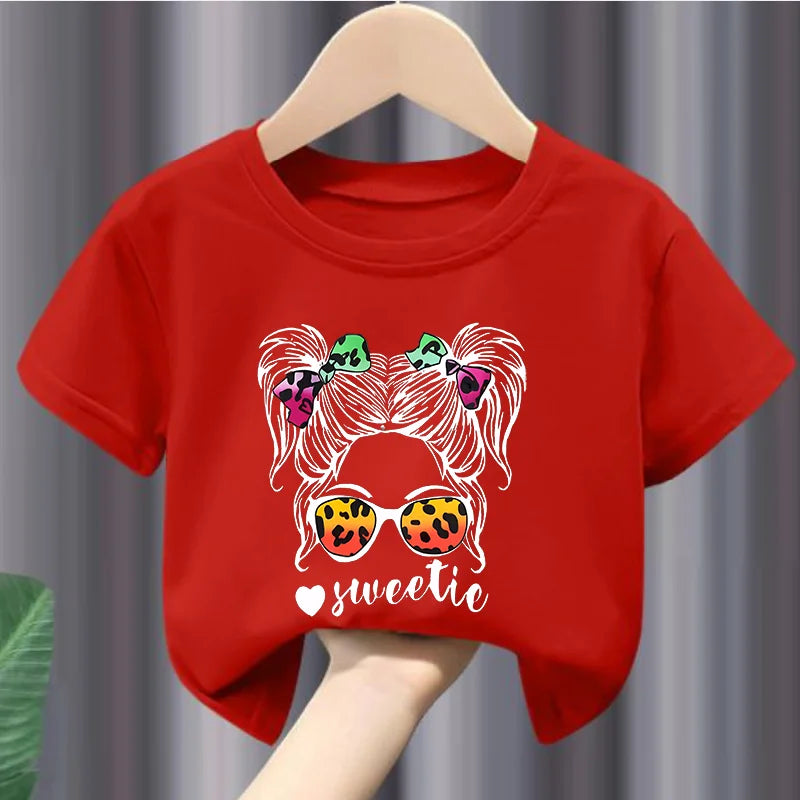 Girls Cartoon The Girl with The Glasses Short Sleeve T-shirt Casual Fashion for Children Kids Clothes Tops