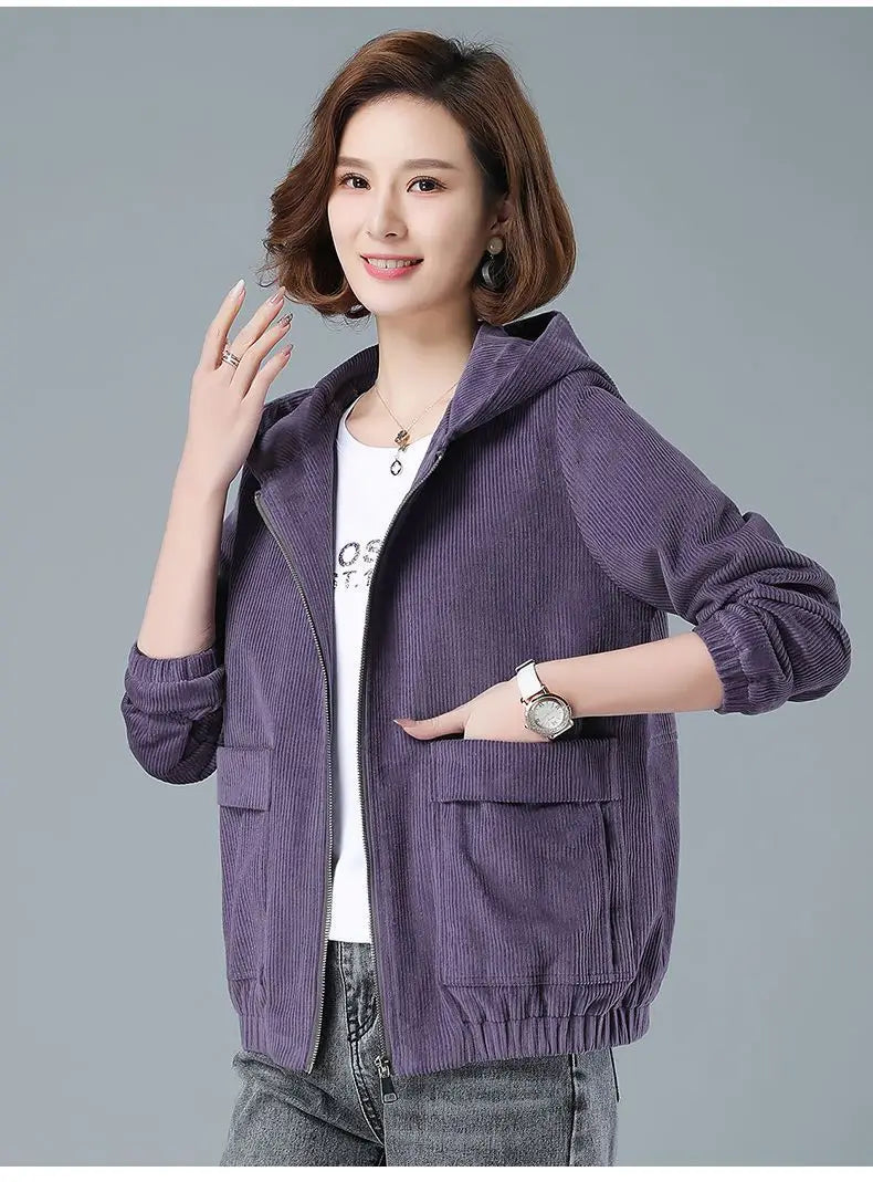 Corduroy Short Coat 5XL Women's 2025 Spring Autumn New Korean Loose Solid Hooded Jacket Fashion Casual Female Zipper Coat Tops