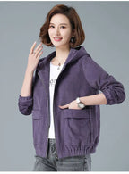 Corduroy Short Coat 5XL Women's 2025 Spring Autumn New Korean Loose Solid Hooded Jacket Fashion Casual Female Zipper Coat Tops