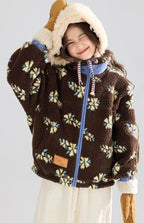 Girl's Winter Coat Floral Jacquard Lamb Fur Thickened Stylish Autumn Winter Toddler Kids Cotton Jacket