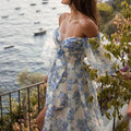 Sexy Strapless Puff Sleeve Bohemian Dress Fashionable Flower Print Bandage Long Dress Elegant Hight Waist Split Evening Dresses