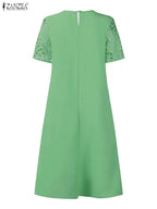 Stylish Women Desses ZANZEA 2025 Summer Lace Patchwork Dress Elegant Party Work Sundress Short Sleeve Pleated Vestidos Midi Robe