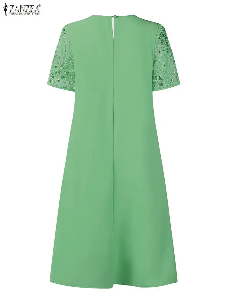 Stylish Women Desses ZANZEA 2025 Summer Lace Patchwork Dress Elegant Party Work Sundress Short Sleeve Pleated Vestidos Midi Robe