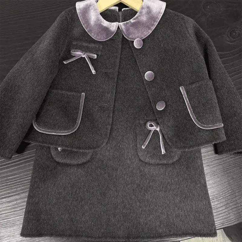 Children Elegance Top Clothing Autumn Winter Girls Clothes Set Fashion Retro Woolen Coat Jacket+Short Skirt 2Pcs Suits Kids suit