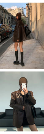 Women Black Brown Soft PU Leather Blazer Shoulder Pads Long Sleeve Single Breasted Loose Casual Jacket Tops Korean Fashion Coat