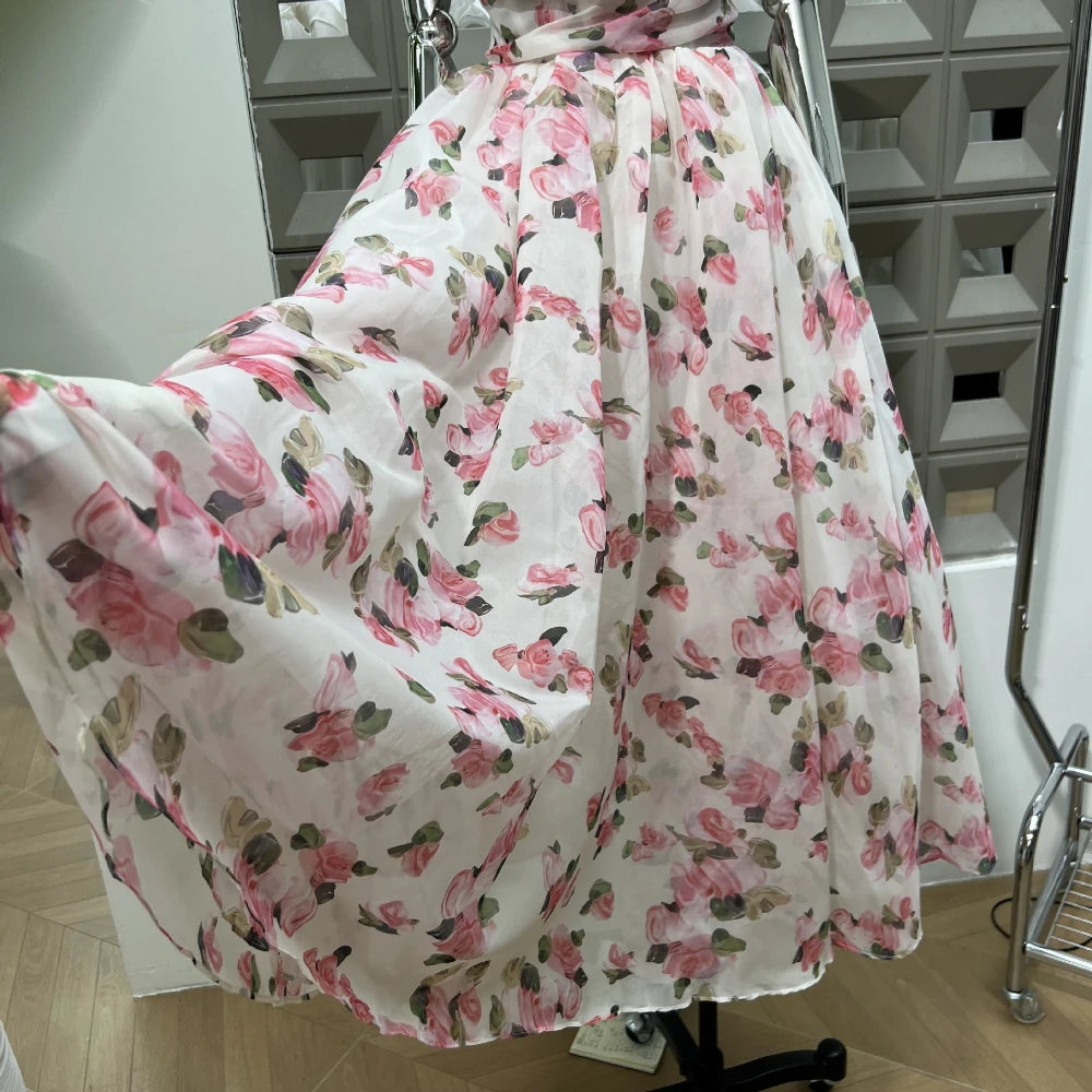 Summer New Women Retro Printed A-line Strap Dress With High Waist Wrinkled Long Dresses Beach Party Birthday Celebrity Gown
