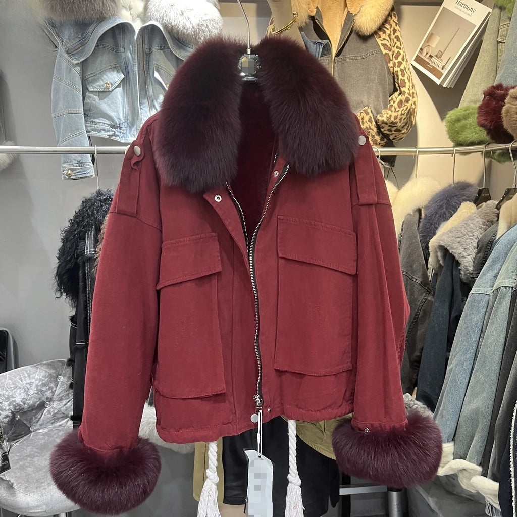 Fox Fur Denim Jacket for Women Fleece-Lined and Thickened Winter 2025 New Korean Style Loose Fit Batwing Sleeve Cotton Coat