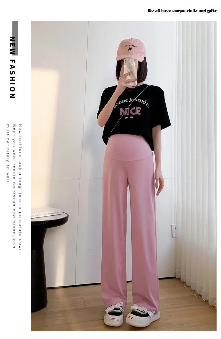 Maternity Clothings Maternity Wide Leg Pregnancy Pants Wear Trousers with Vertical Stripes Clothes for Pregnant Women