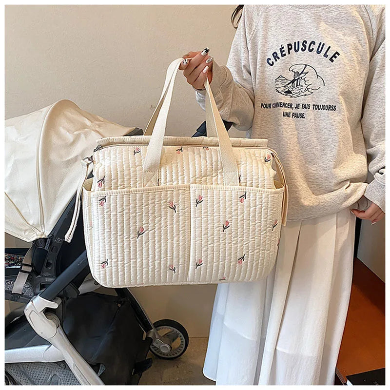 New High-capacity Mummy Bag Embroidered Bear Mother and Baby Handbag Baby Bottle Diaper Portable Baby Stroller Bag