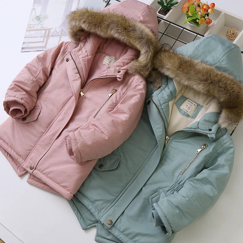 2025 Autumn Winter Girl Jacket Coat Faux Fur Hooded Plus Velvet Thicken Warm Jacket For Girl 4-14 Year Kids Teenager Girl Parka