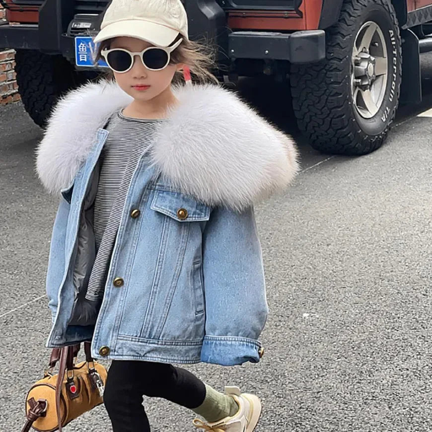 Winter New Children's Denim Parkas Nature Big For Fur Collar Design Thicker Warm Fur Coat Girls Down Jacket A3073