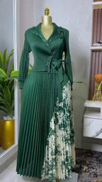 2025 Spring New Miyake Pleated A-line Dress Elegant Suit Collar Mid To Long Style Waist Cinching Slimming Women Folds Skirt