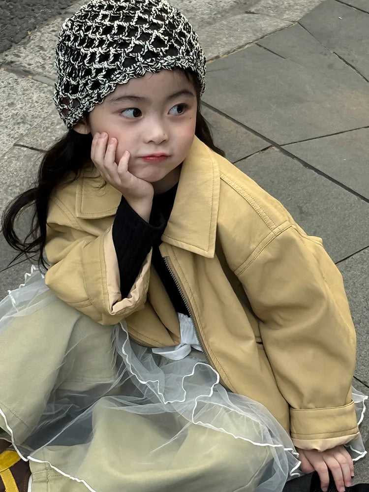 2025 Autumn New Children Long Sleeve Pu Leather Coat Fashion Girls Leather Jacket Solid Boys Lapel Zipper Jacket Kids Clothes