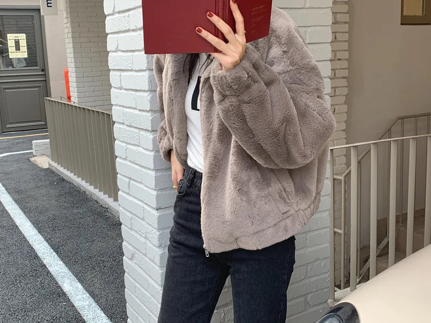Women Autumn Winter Thicken Warm Coat Stand-Collar Loose Fur Plush Zipper Jacket Soft Comfortable Casual Simple Solid Outerwear