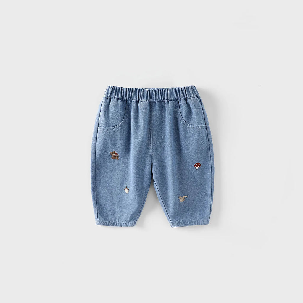 2025 Fall New Toddler Kids Pants Cotton Cartoon Embroidered Harem Pants Baby Boy Casual Striped Denim Baggy Trousers