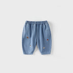 2025 Fall New Toddler Kids Pants Cotton Cartoon Embroidered Harem Pants Baby Boy Casual Striped Denim Baggy Trousers