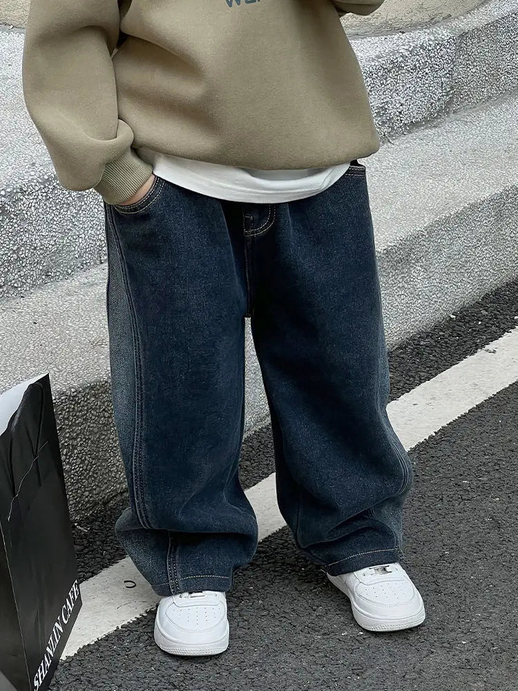 2-12Y Childrens Boys Denim Pants One-piece Fleece Thickened Autumn Winter Casual Kids Baby Boys Pants Toddler Boys Warm Jeans