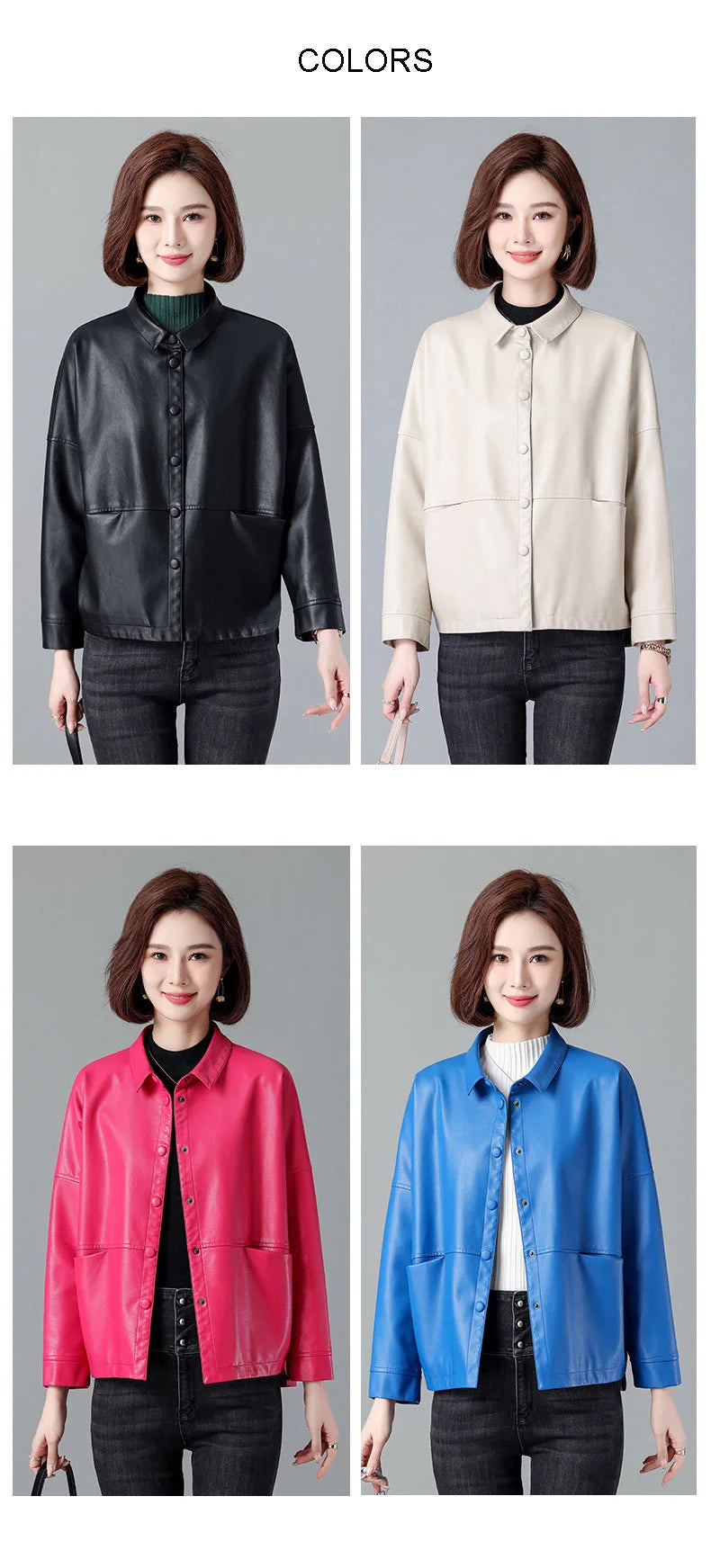 New Women Casual Loose Leather Jacket Spring Autumn Fashion Turn-down Collar Single Breasted Short Leather Motorbike Jacket