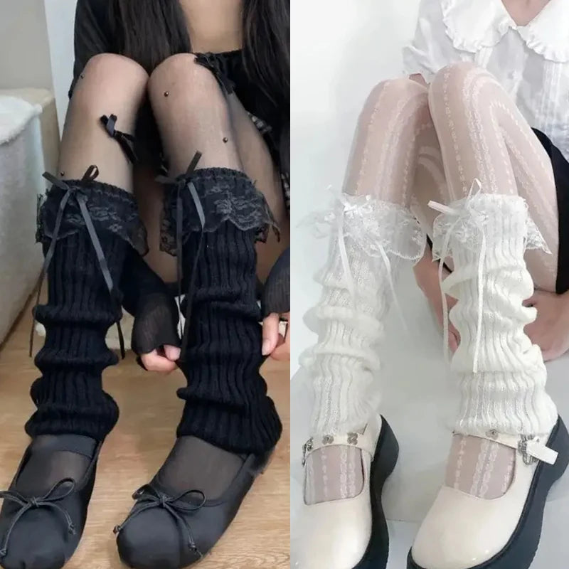 2025 New Woman Leg Warmers Autumn and Winter Ribbon Lolita Black Knee Warmers Long Socks JK Knitted Girl White Leg Warmers