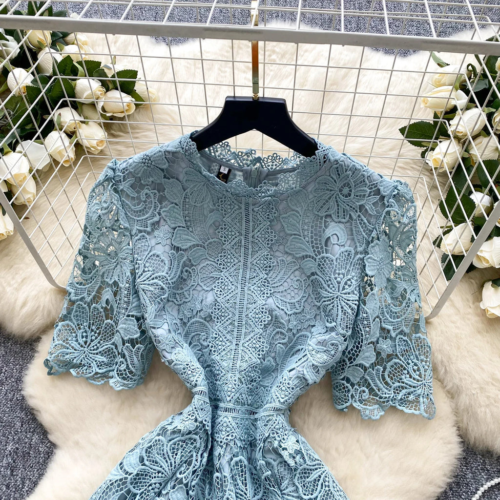 Ele Hollow out Lace ort Sve Dr Women's Summer Slimming A-Line Gown High Waist Korean Sle Commute Suitable