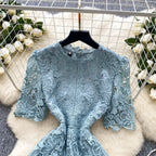Ele Hollow out Lace ort Sve Dr Women's Summer Slimming A-Line Gown High Waist Korean Sle Commute Suitable