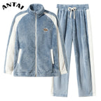 Men's Pajamas made of coral fleece, Plus Size 8XL, spliced, square collar, long sleeves, long pants, warm Sleepwear Set
