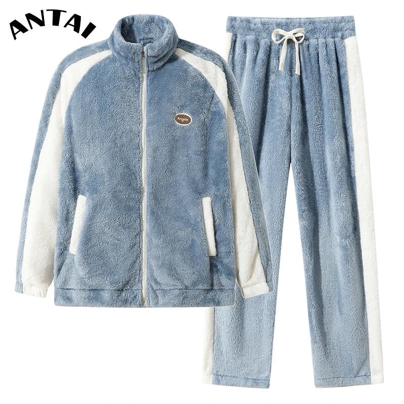Men's Pajamas made of coral fleece, Plus Size 8XL, spliced, square collar, long sleeves, long pants, warm Sleepwear Set