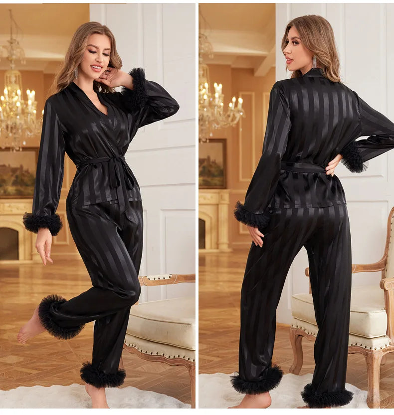Female Pajamas 2PCS Set Sexy Perspective Lace Long Sleeve Trouser Pijamas Suit Sleepwear Loose Silk Satin Homewear Loungewear