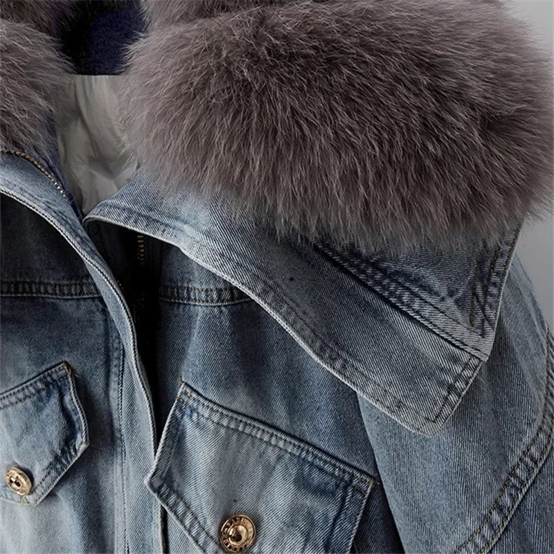 Big Fox Fur Collar Down Cotton Denim Jacket Women Vintage Cowboy Outerwear Winter Thick Loose Short Zipper Jeans Jacket Female