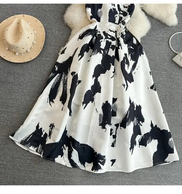 Faionable Ele Vest Long Dr High Waist Slim A-Line Print Maxi Skirt round Ne Svel Women's Summer Dr