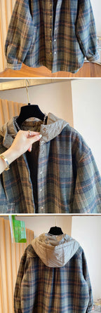 Winter Thiened Plaid Cotton Coat Women's Loose Korean Sle Hooded Jaet Long Sve Commute Faion Regular Length Single...