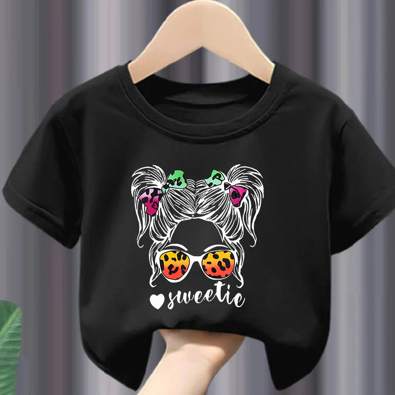 Girls Cartoon The Girl with The Glasses Short Sleeve T-shirt Casual Fashion for Children Kids Clothes Tops